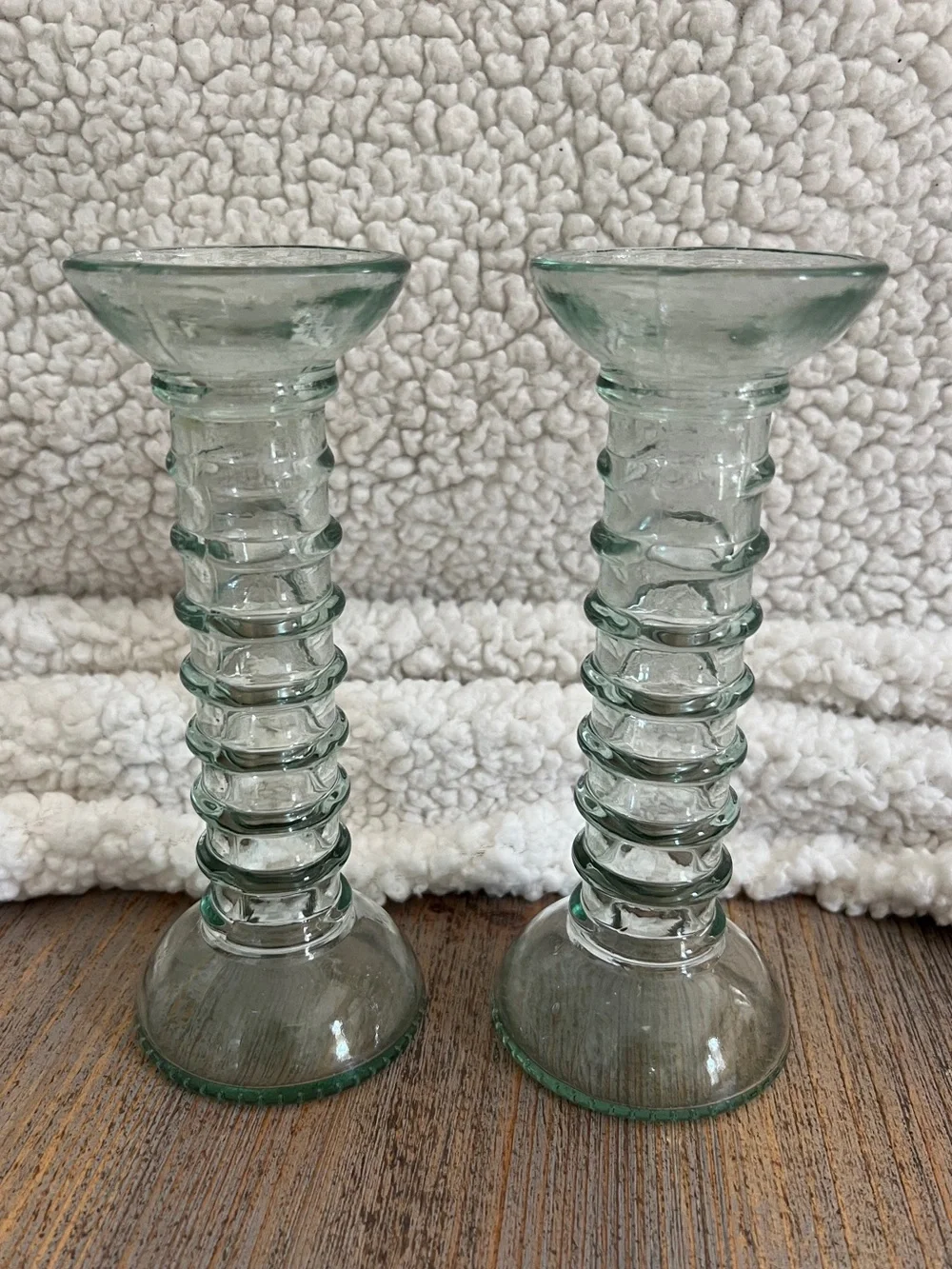 Set 2 Recycled Glass Ribbed Candlestick Holders Green/Blue Aqua 7.25”